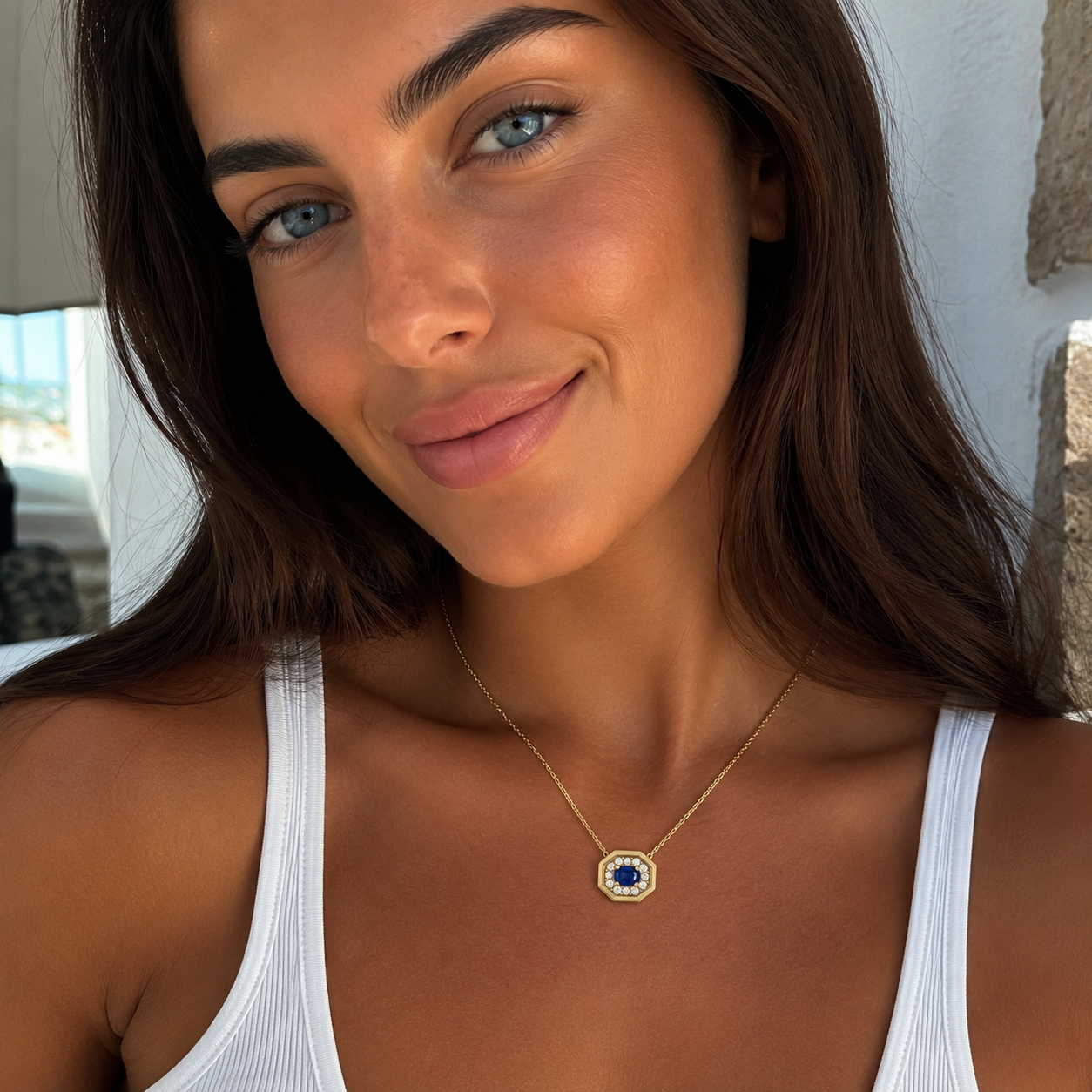 Blue Sapphire Halo Necklace